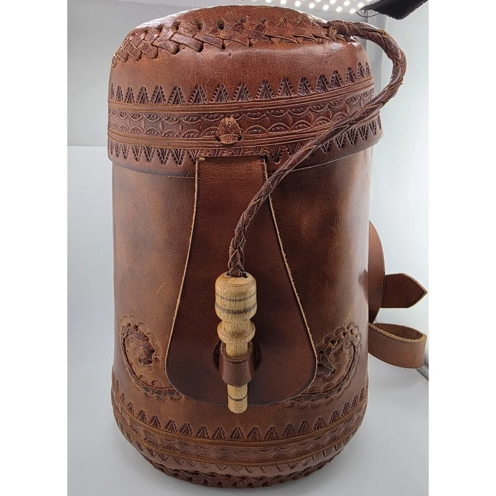 Vintage handcrafted Cowhide Leather Crossbody Bag Boho Tooled Cylinder Design - Picture 1 of 9